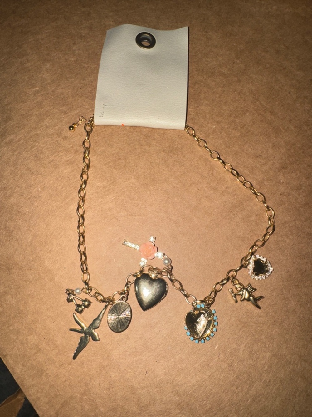 Gold-Tone Charm Necklace with Pink & Turquoise Accents